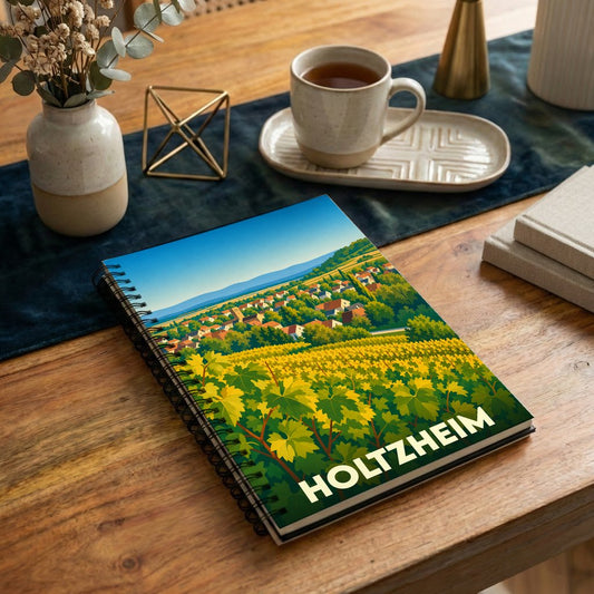 Carnet souvenir de la ville de Holtzheim avec une illustration stylisée de ses vignobles.