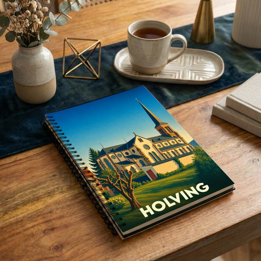 Carnet souvenir de la ville de Holving illustré d'un dessin stylisé de son église.