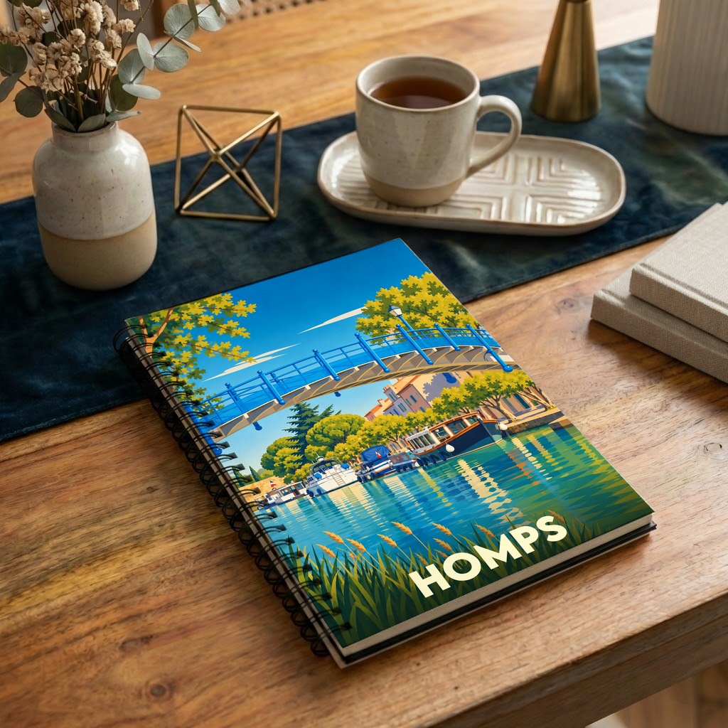 Carnet souvenir de la ville de Homps avec une illustration stylisée de son port et de son pont.