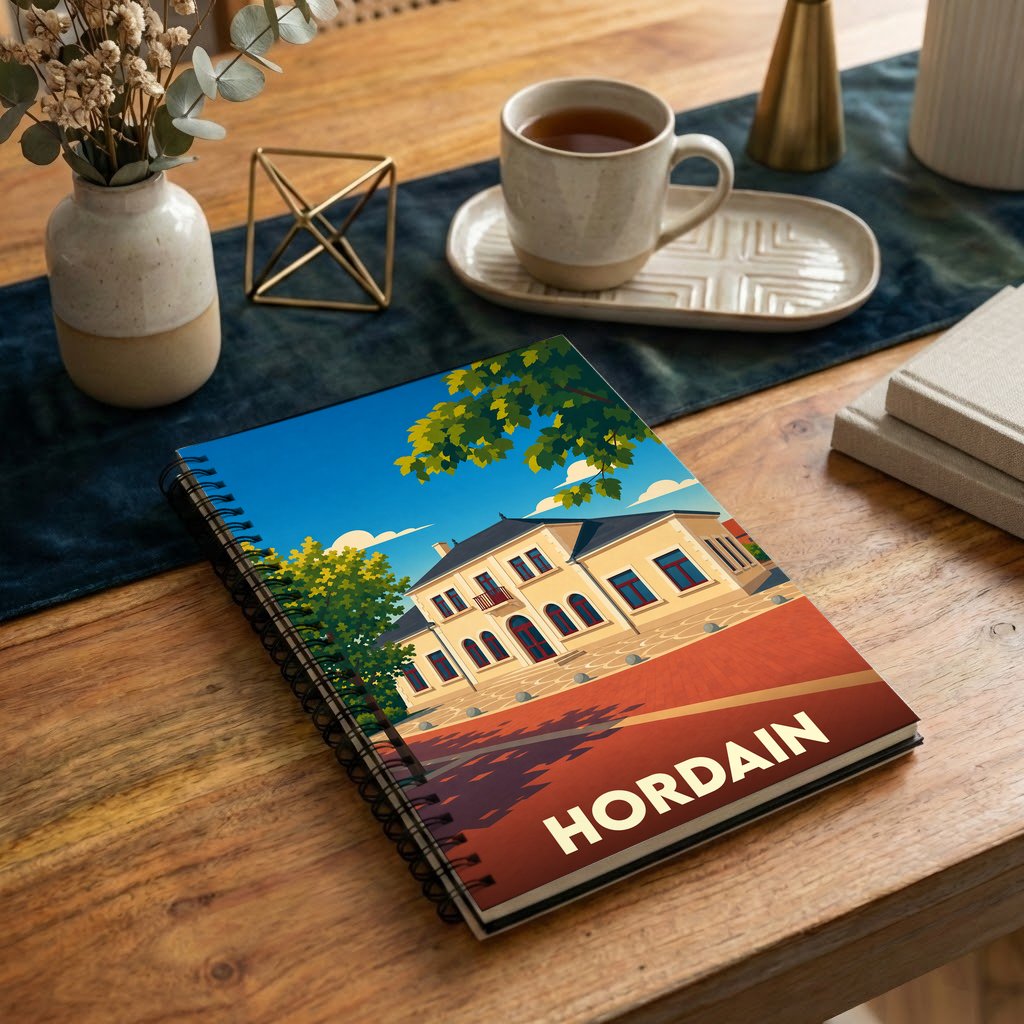 Carnet souvenir de la ville de Hordain avec une illustration stylisée d'un bâtiment remarquable.