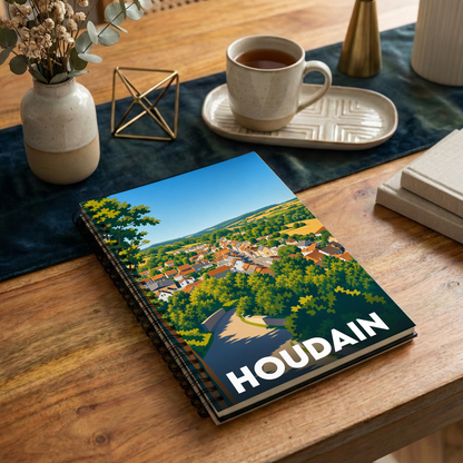 Carnet à spirales souvenir de la ville de Houdain illustré par un paysage panoramique stylisé.
