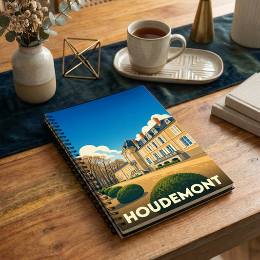 Carnet à spirale souvenir de la ville de Houdemont avec une illustration stylisée de son château.