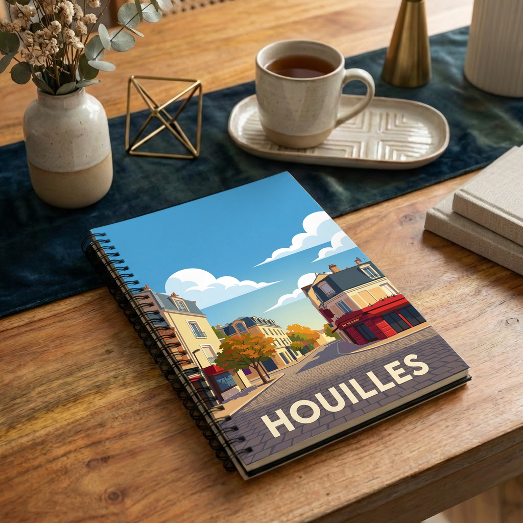 Carnet souvenir de la ville de Houilles avec une illustration stylisée de ses rues.