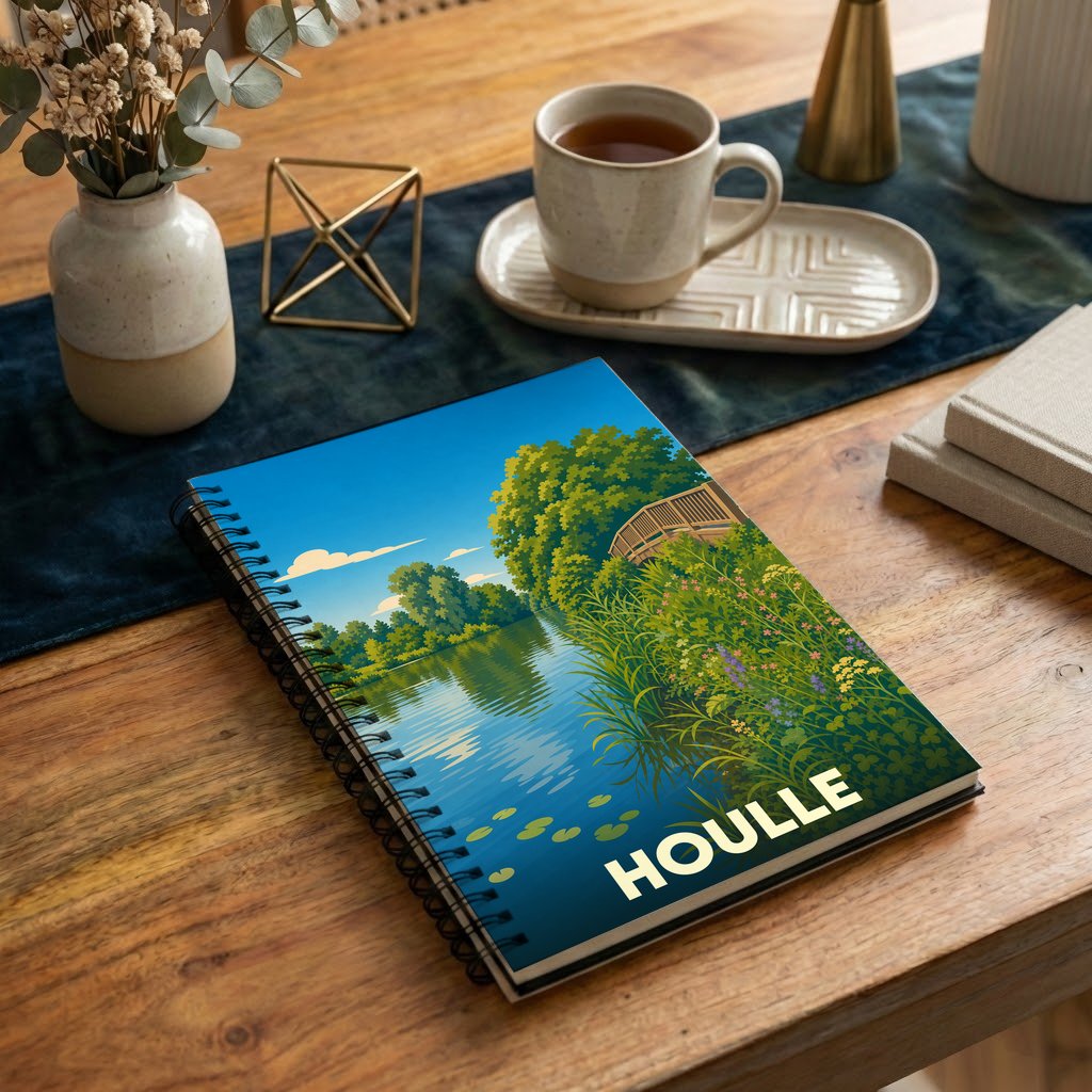 Carnet à spirales souvenir de la ville de Houlle avec une illustration stylisée d'un paysage naturel au bord de l'eau.