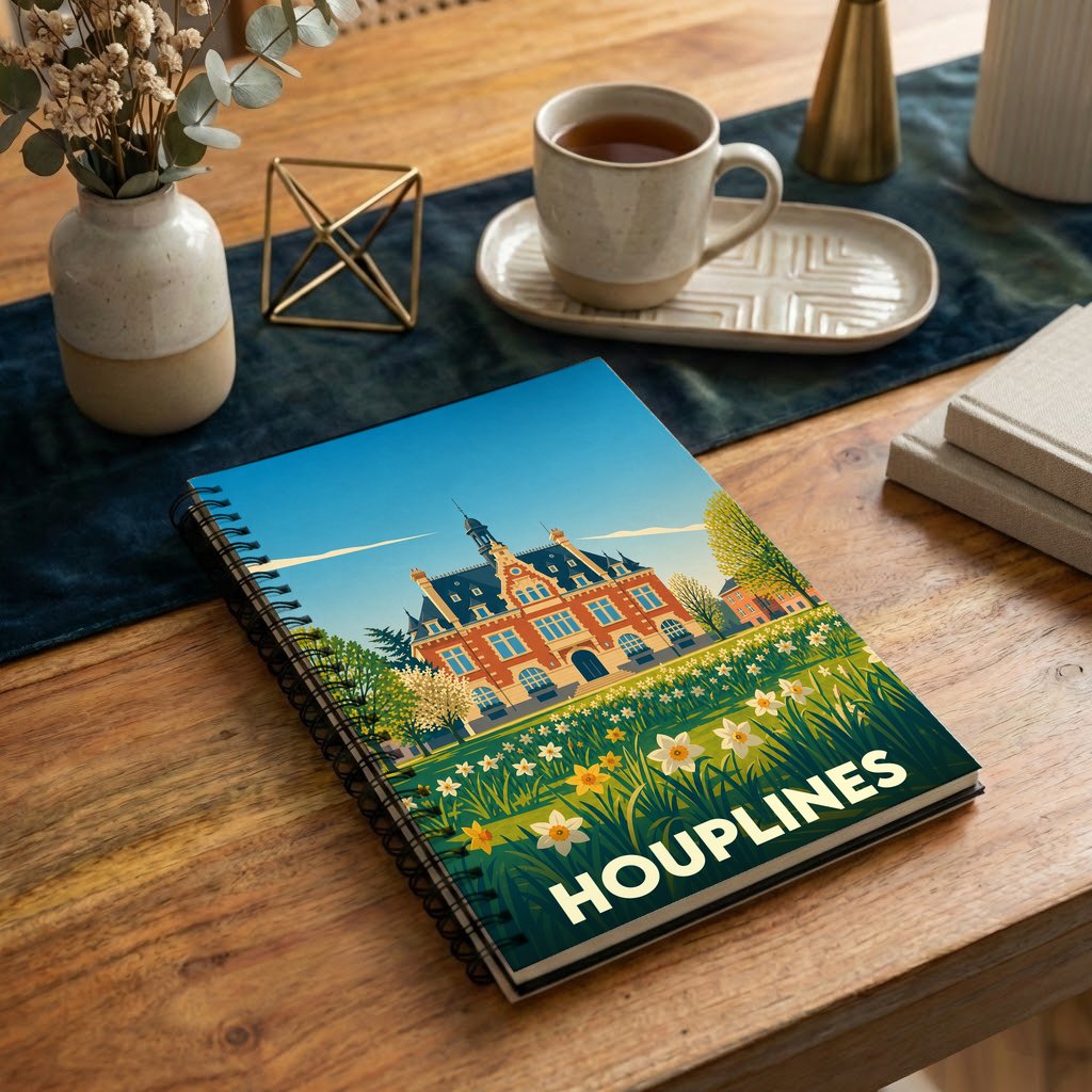 Carnet de notes à spirales souvenir de la ville de Houplines, illustré par une vue stylisée de son hôtel de ville fleuri.