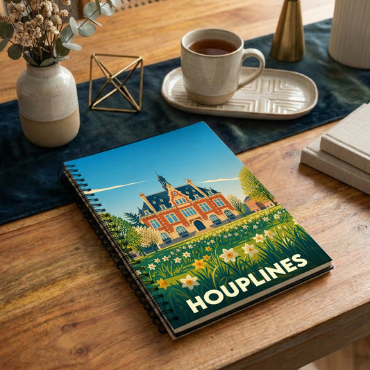 Carnet de notes à spirales souvenir de la ville de Houplines, illustré par une vue stylisée de son hôtel de ville fleuri.