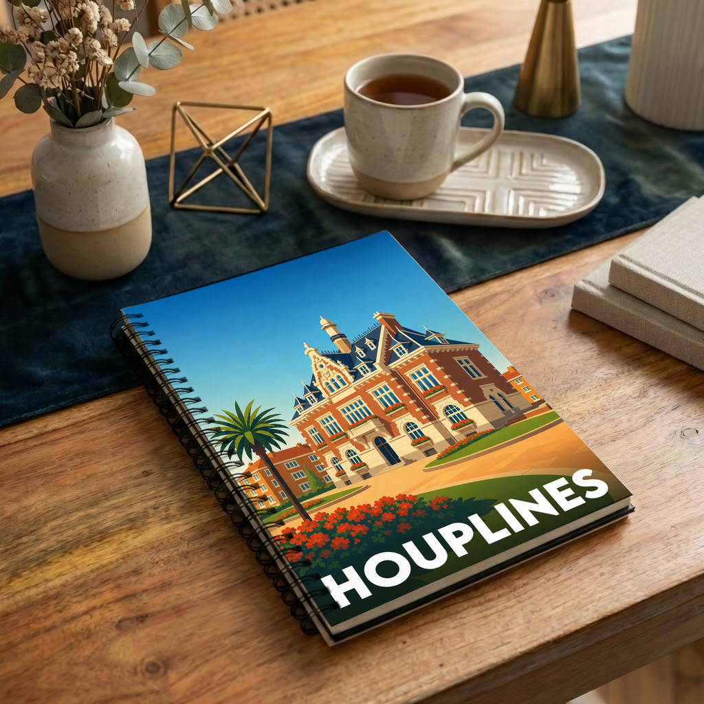 Carnet à spirale souvenir de la ville d'Houplines avec une illustration stylisée de l'hôtel de ville.