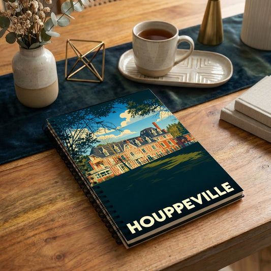 Carnet à spirale souvenir de la ville de Houppeville avec une illustration stylisée d'un manoir normand.