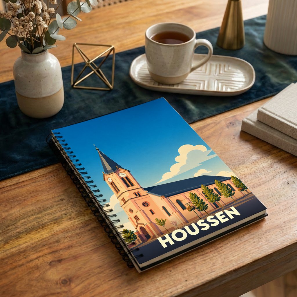 Carnet à spirales souvenir de la ville de Houssen avec une illustration stylisée de son église.