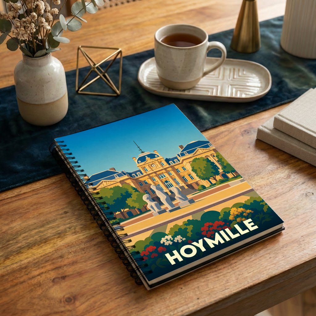 Carnet souvenir de la ville de Hoymille avec une illustration stylisée.