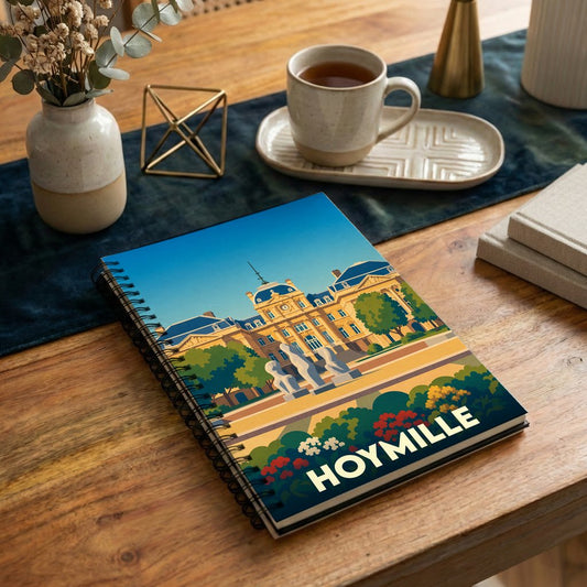 Carnet souvenir de la ville de Hoymille avec une illustration stylisée.