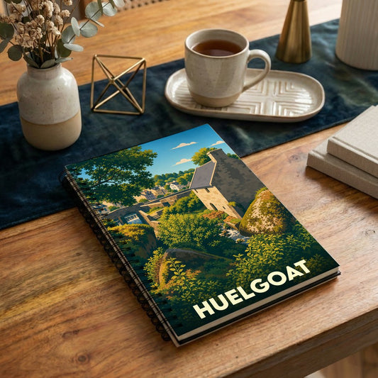 Carnet à spirales souvenir de la ville de Huelgoat avec une illustration stylisée d'un paysage breton.