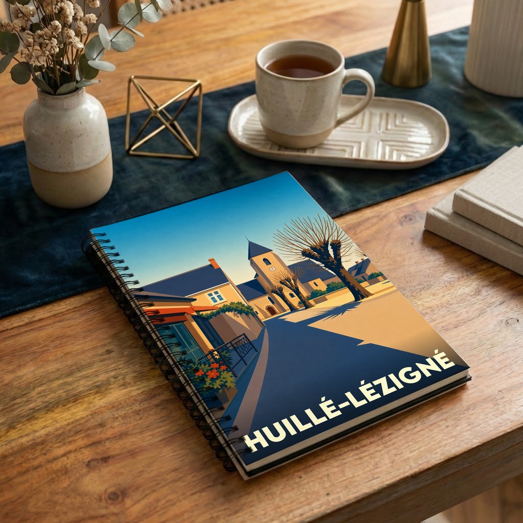 Carnet souvenir de la ville de Huillé-Lézigné avec une illustration stylisée d'un paysage urbain.