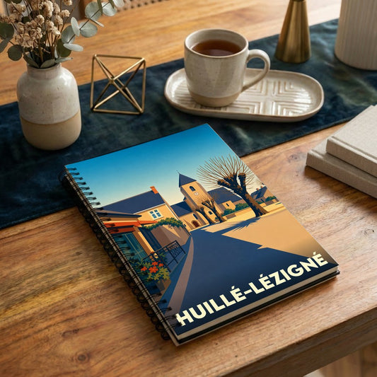 Carnet souvenir de la ville de Huillé-Lézigné avec une illustration stylisée d'un paysage urbain.