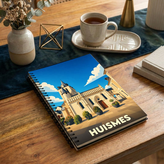 Carnet de notes souvenir de la ville de Huismes avec une illustration stylisée de son église sous un ciel bleu.