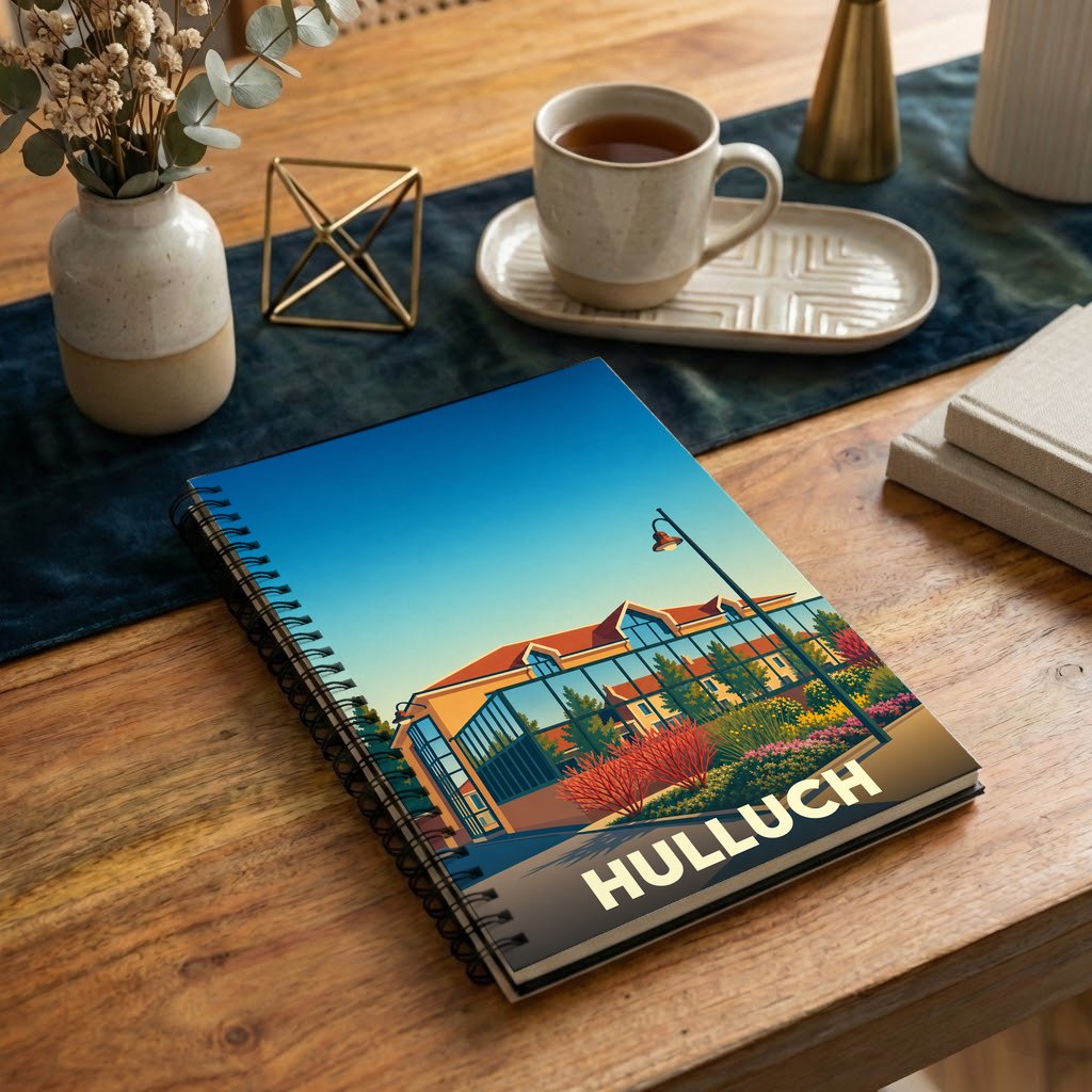 Carnet à spirale souvenir de la ville de Hulluch avec une illustration stylisée et colorée.