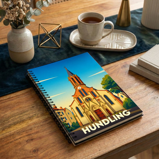 Carnet souvenir de la ville de Hundling avec une illustration stylisée de son église.