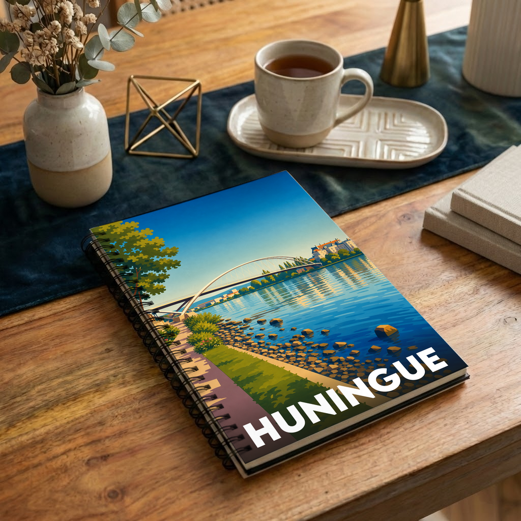 Carnet à spirales souvenir de la ville de Huningue illustré par une vue stylisée de la Passerelle des Trois Pays sur le Rhin.