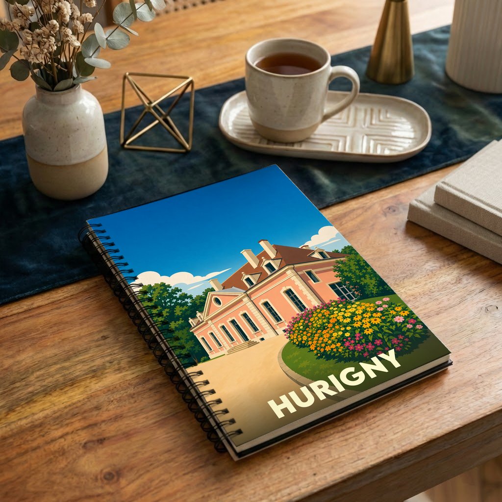 Carnet à spirales souvenir de la ville de Hurigny avec une illustration stylisée.