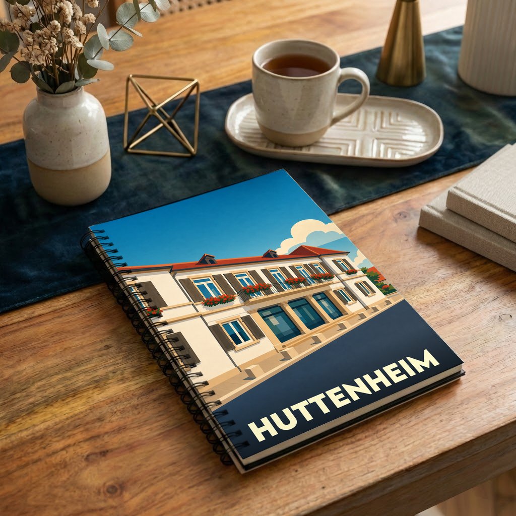 Carnet souvenir de la ville de Huttenheim illustré par un dessin stylisé d'un bâtiment traditionnel.