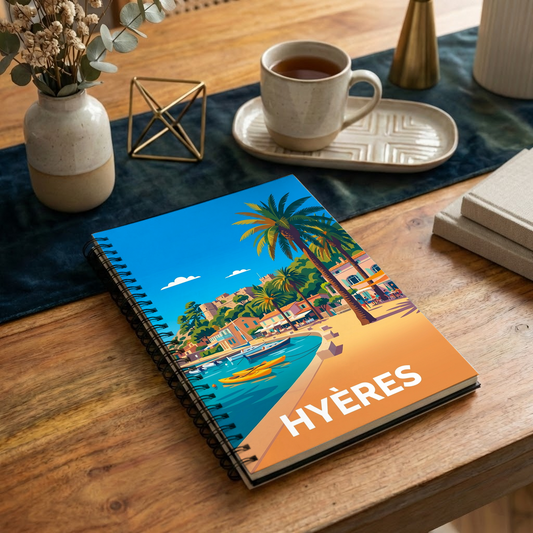 Carnet souvenir de la ville de Hyères avec une illustration stylisée.