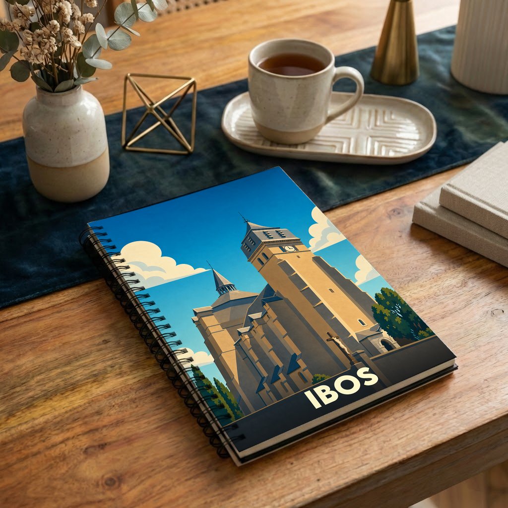 Carnet souvenir de la ville d'Ibos avec une illustration stylisée de son église collégiale.