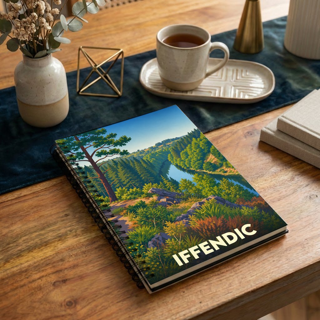 Carnet à spirales souvenir de la ville d'Iffendic avec une illustration stylisée de paysages naturels.