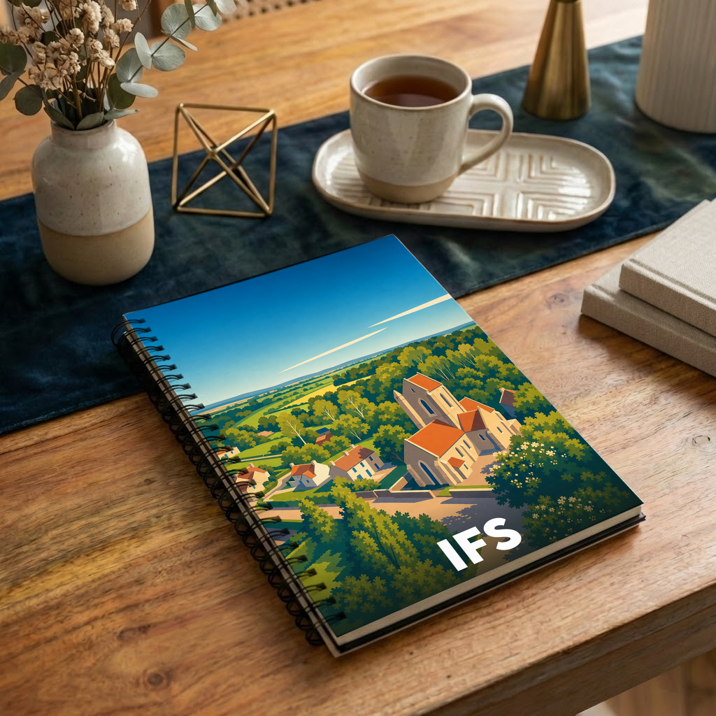 Carnet de notes souvenir de la ville de Ifs avec une illustration stylisée de son paysage urbain et de son église.