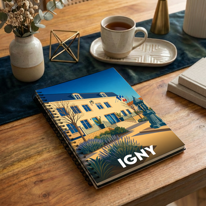 Carnet de notes souvenir de la ville d'Igny avec une illustration stylisée de son hôtel de ville.