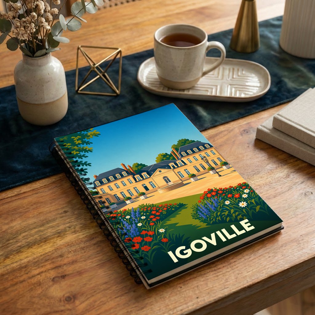 Carnet à spirales souvenir de la ville de Igoville orné d'une illustration stylisée de son château et de ses jardins.