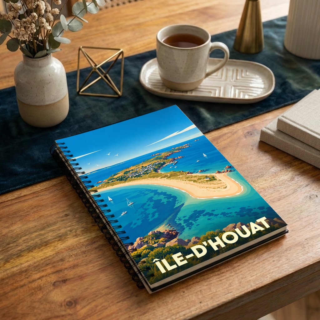 Carnet souvenir de l'Île-d'Houat avec une illustration stylisée de ses plages et de ses côtes sauvages.