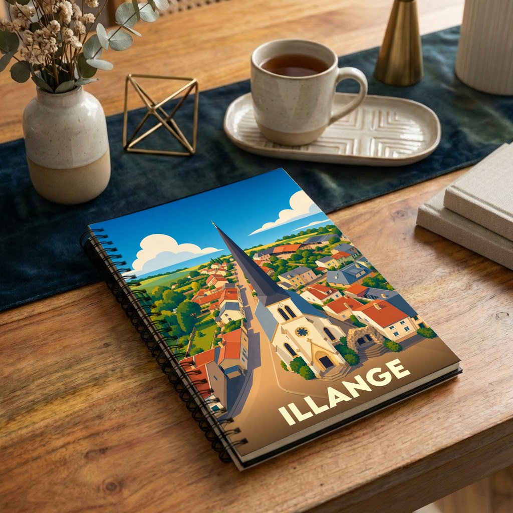 Carnet de notes souvenir de la ville d'Illange arborant une illustration colorée et stylisée de son église et de ses toits.