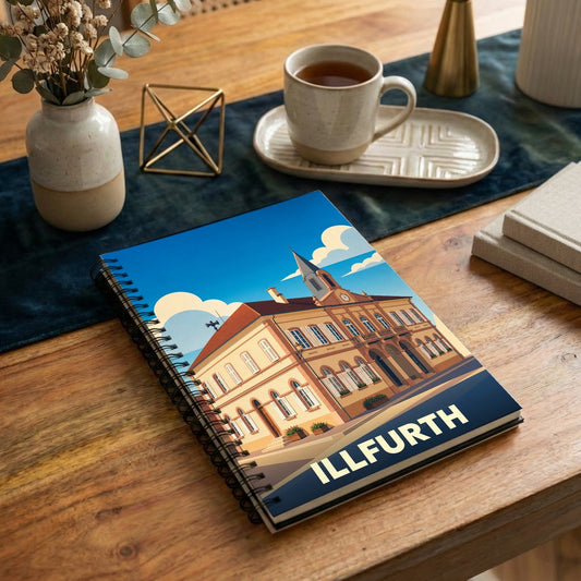 Carnet souvenir de la ville d'Illfurth avec une illustration stylisée de son architecture.