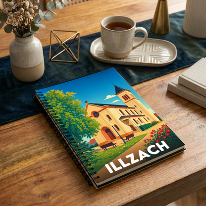 Carnet souvenir de la ville d'Illzach avec une illustration stylisée et colorée.