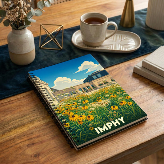 Carnet à spirales souvenir de la ville d'Imphy avec une illustration stylisée d'un champ de fleurs devant un bâtiment classique.