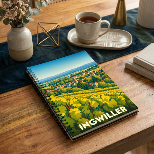 Carnet souvenir de la ville d'Ingwiller avec une illustration stylisée de ses vignobles.