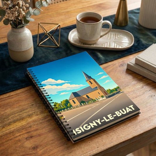 Carnet souvenir de la ville de Isigny-le-Buat avec une illustration stylisée d'une église sous un ciel bleu.