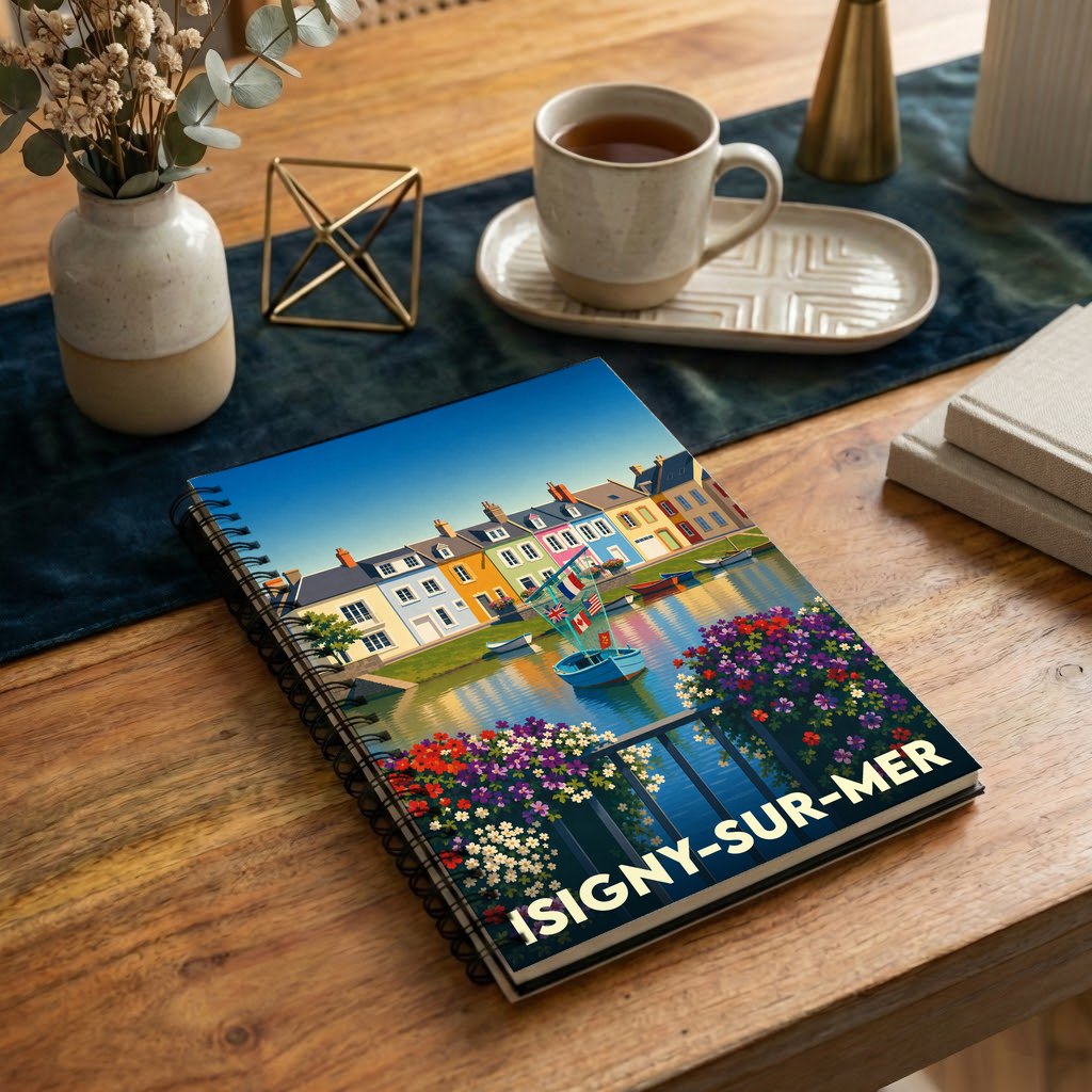 Carnet à spirales souvenir d'Isigny-sur-Mer avec une illustration stylisée et colorée du port.
