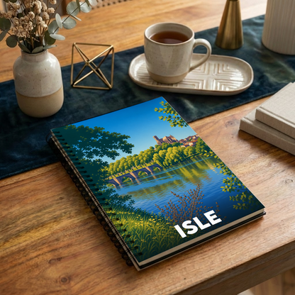 Carnet souvenir de la ville de Isle avec une illustration stylisée d'un pont et d'une cathédrale au bord de l'eau.