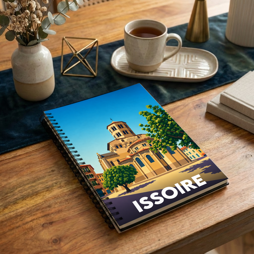 Carnet souvenir de la ville d'Issoire avec une illustration stylisée.