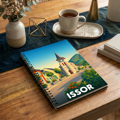 Carnet souvenir de la ville d'Issor avec une illustration stylisée.