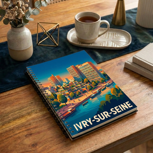 Carnet souvenir de la ville d'Ivry-sur-Seine avec une illustration colorée et stylisée.