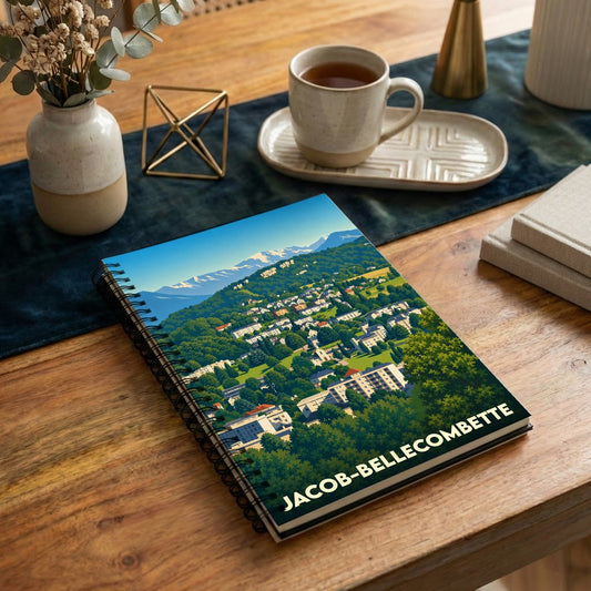 Carnet à spirales souvenir de Jacob-Bellecombette avec une illustration stylisée de la ville et des montagnes.