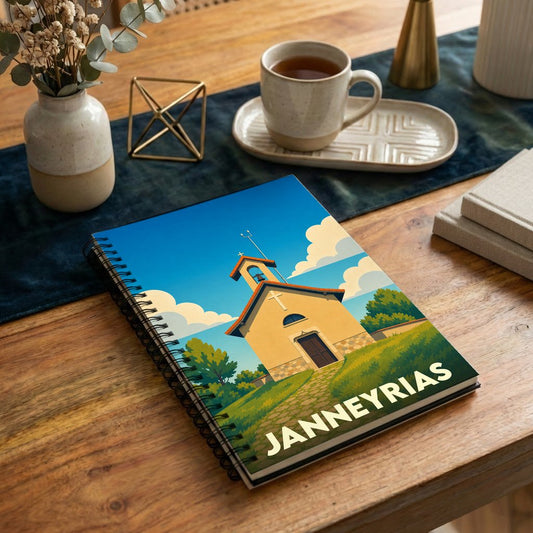 Carnet à spirales souvenir de la ville de Janneyrias avec une illustration stylisée d'une église sous un ciel bleu.