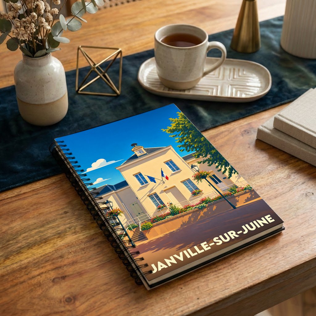 Carnet à spirales souvenir de la ville de Janville-sur-Juine avec une illustration stylisée de sa mairie.
