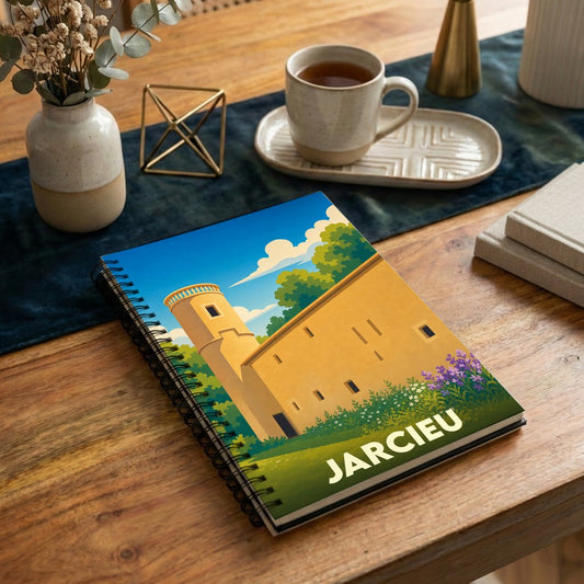 Carnet à spirales souvenir de la ville de Jarcieu avec une illustration stylisée de son château.