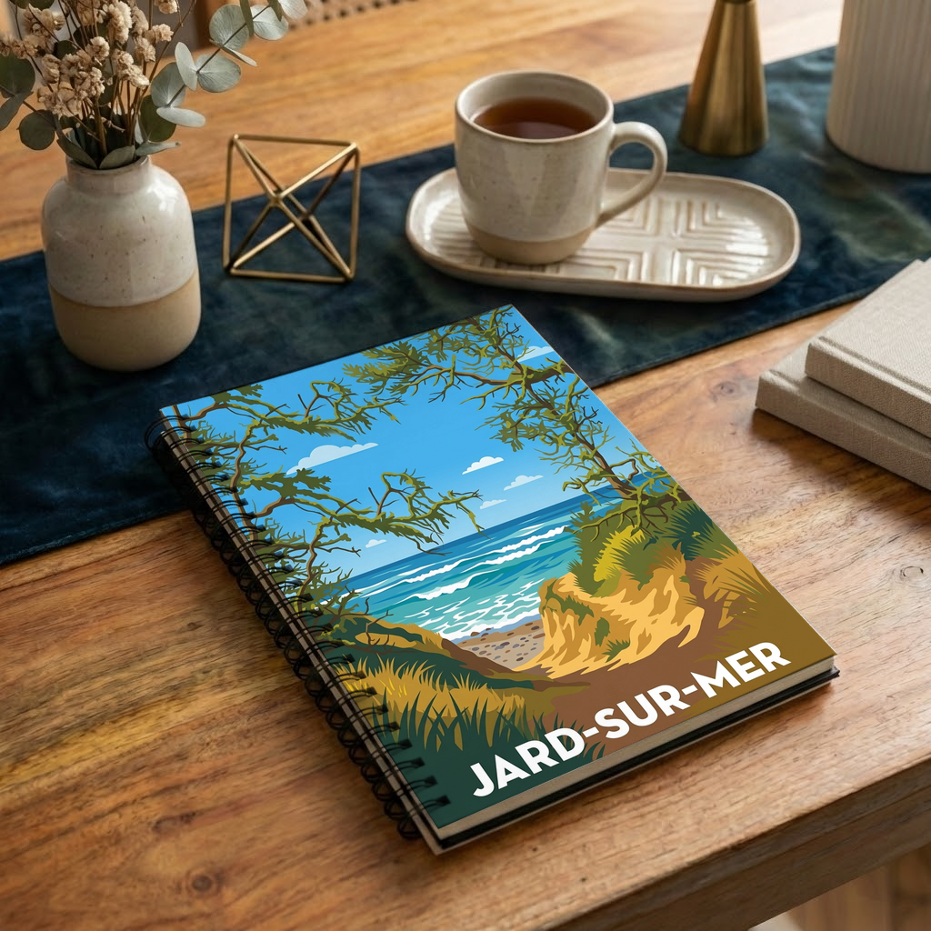 Carnet souvenir de la ville de Jard-sur-Mer avec une illustration stylisée de son paysage côtier.