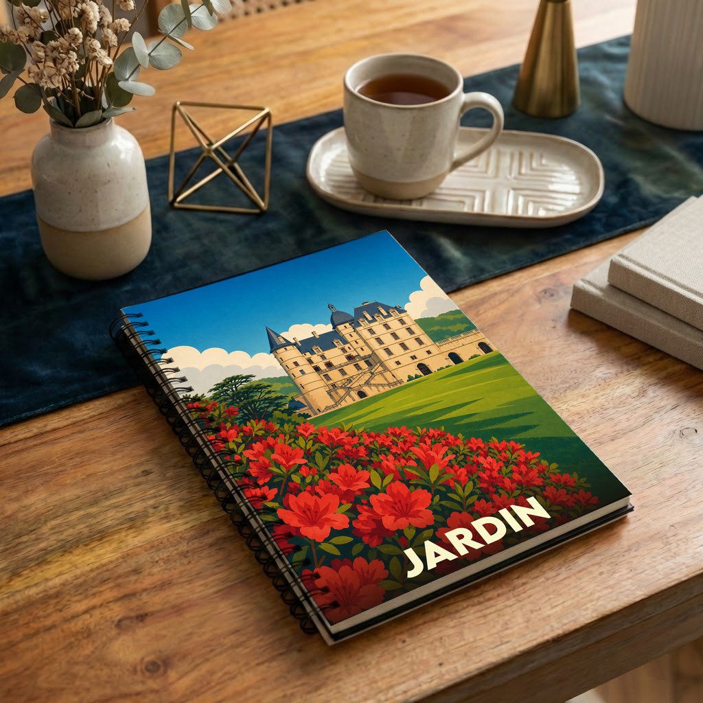 Carnet souvenir de la ville de Jardin avec une illustration stylisée d'un château et de fleurs rouges.