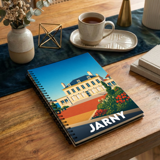 Carnet à spirales souvenir de la ville de Jarny avec une illustration stylisée de son patrimoine.