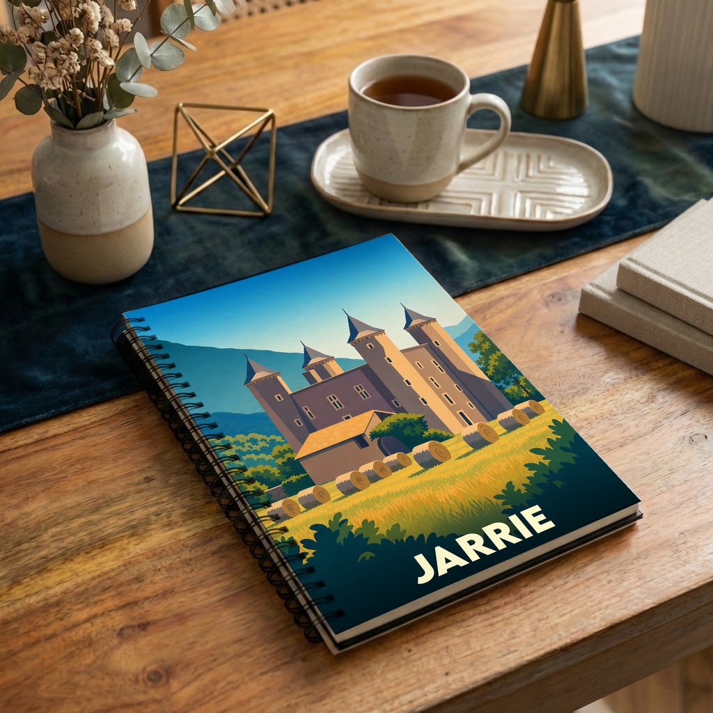 Carnet à spirales souvenir de la ville de Jarrie avec une illustration stylisée de son château et de champs de foin.